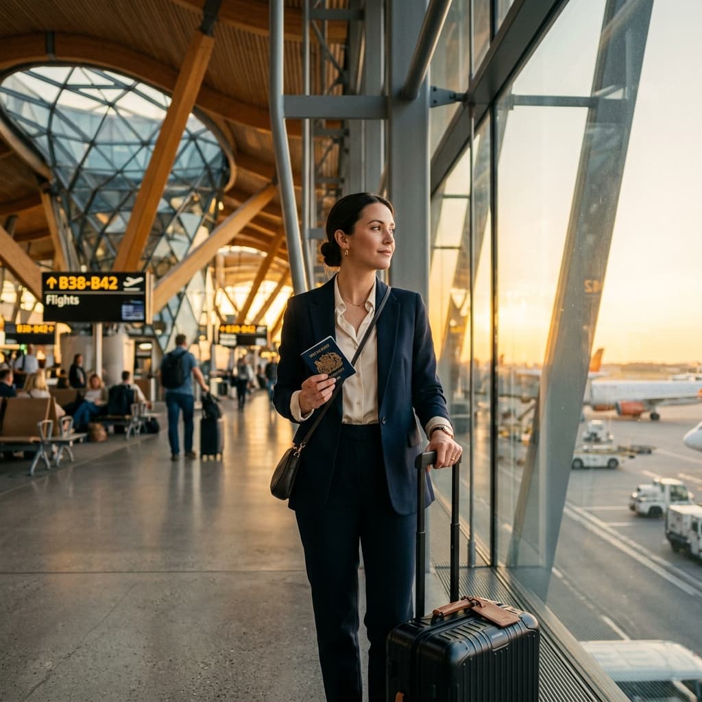 Traveler with passport at sunlit airport